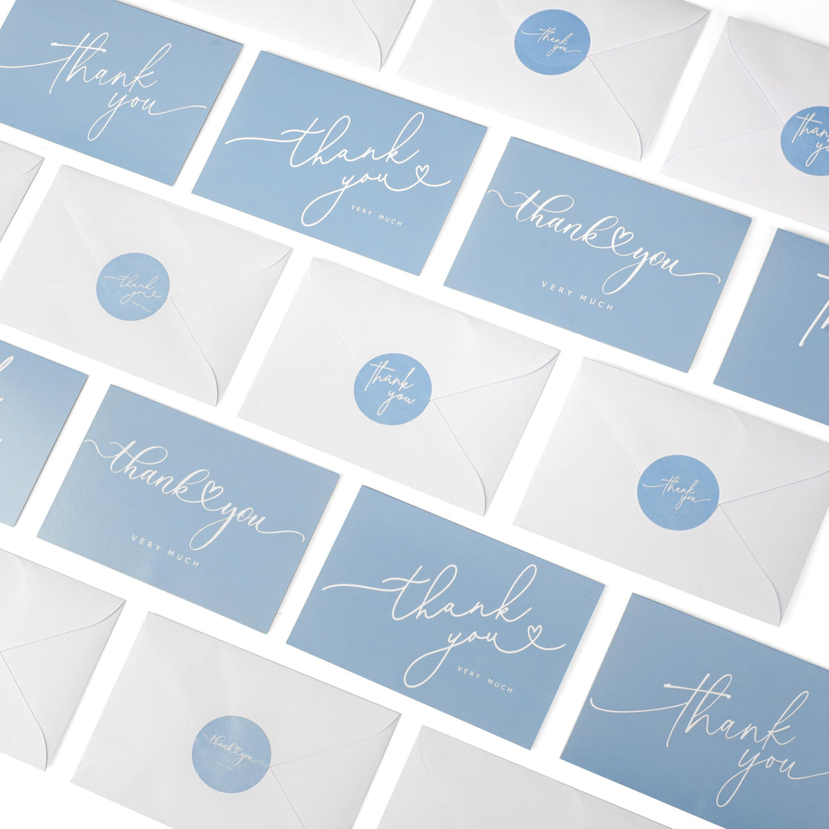 100 Bulk Light blue Thank You Cards with white Envelopes and stickers - 4 Minimalistic Designs