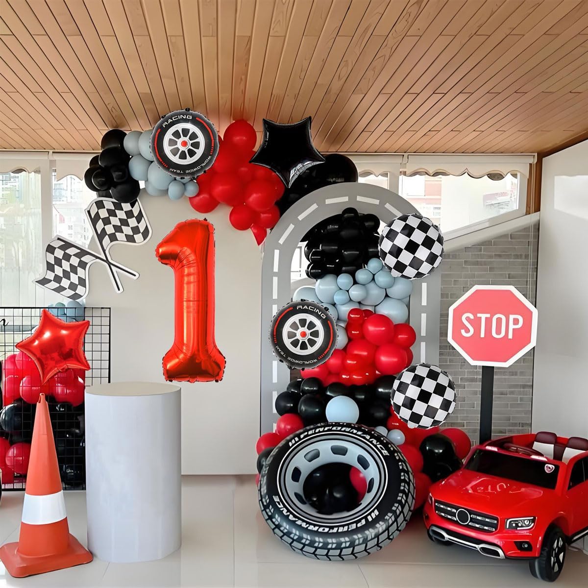 Race Car Birthday Party Decorations - 40 Inch Mylar Red Number 1 Balloons - Black Foil Checkered