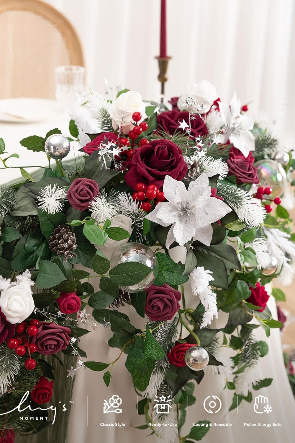 Ling's moment 9FT Eucalyptus and Willow Leaf Garland with White Flower, Handcrafted Wedding
