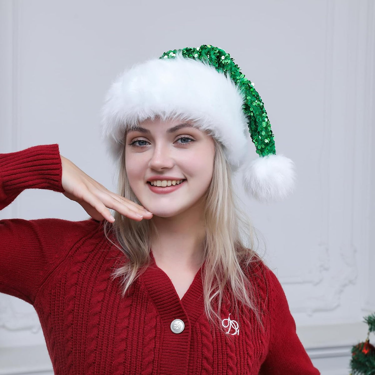 Personalized Sequin Santa Hat for Adults, Red Glitter Christmas Party Hat, Xmas Halloween New Year