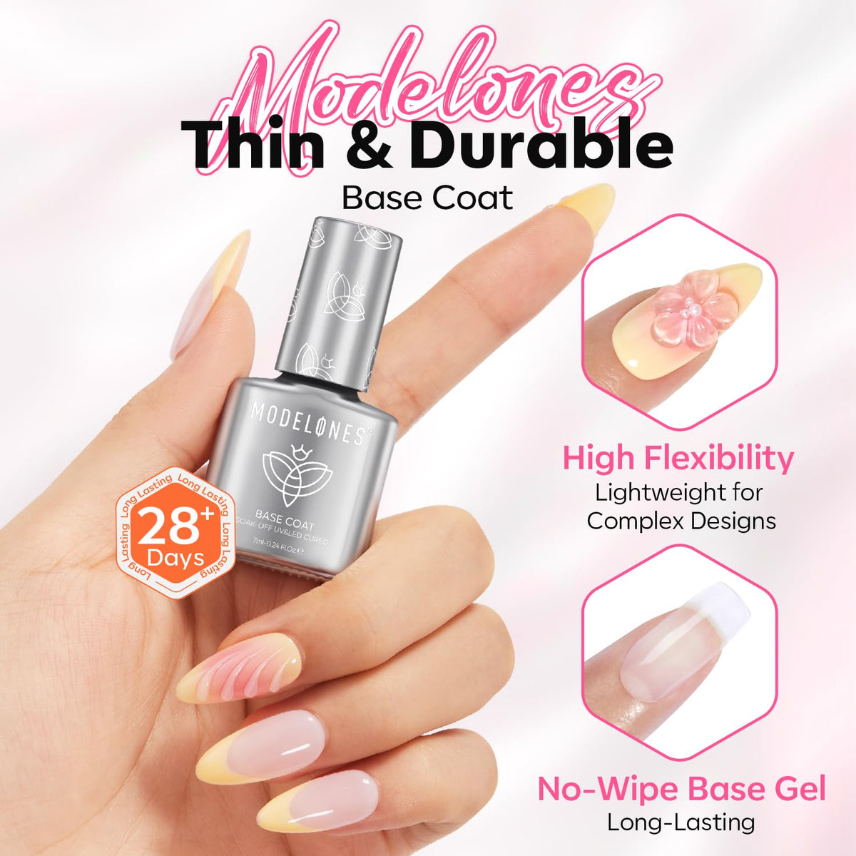 modelones Gel Base and Top Coat Set 3 Pcs, Clear No Wipe Glossy and Matte Top Coat & Base Coat Nail