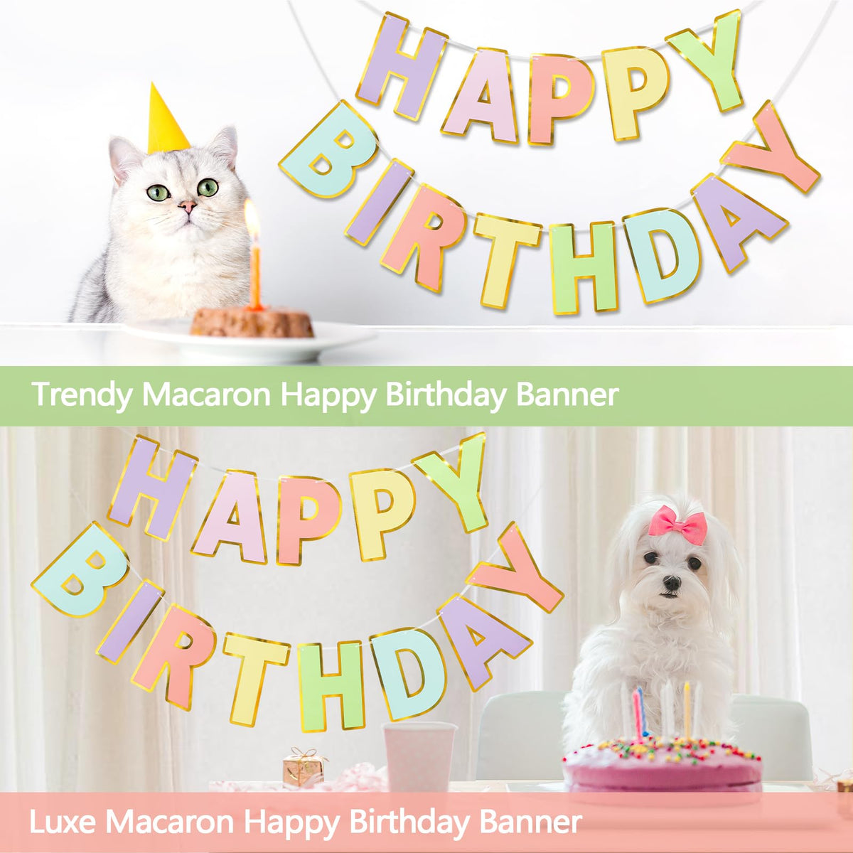 LITAUS Pre-Strung Happy Birthday Banner - Pastel Macaron Party Decorations
