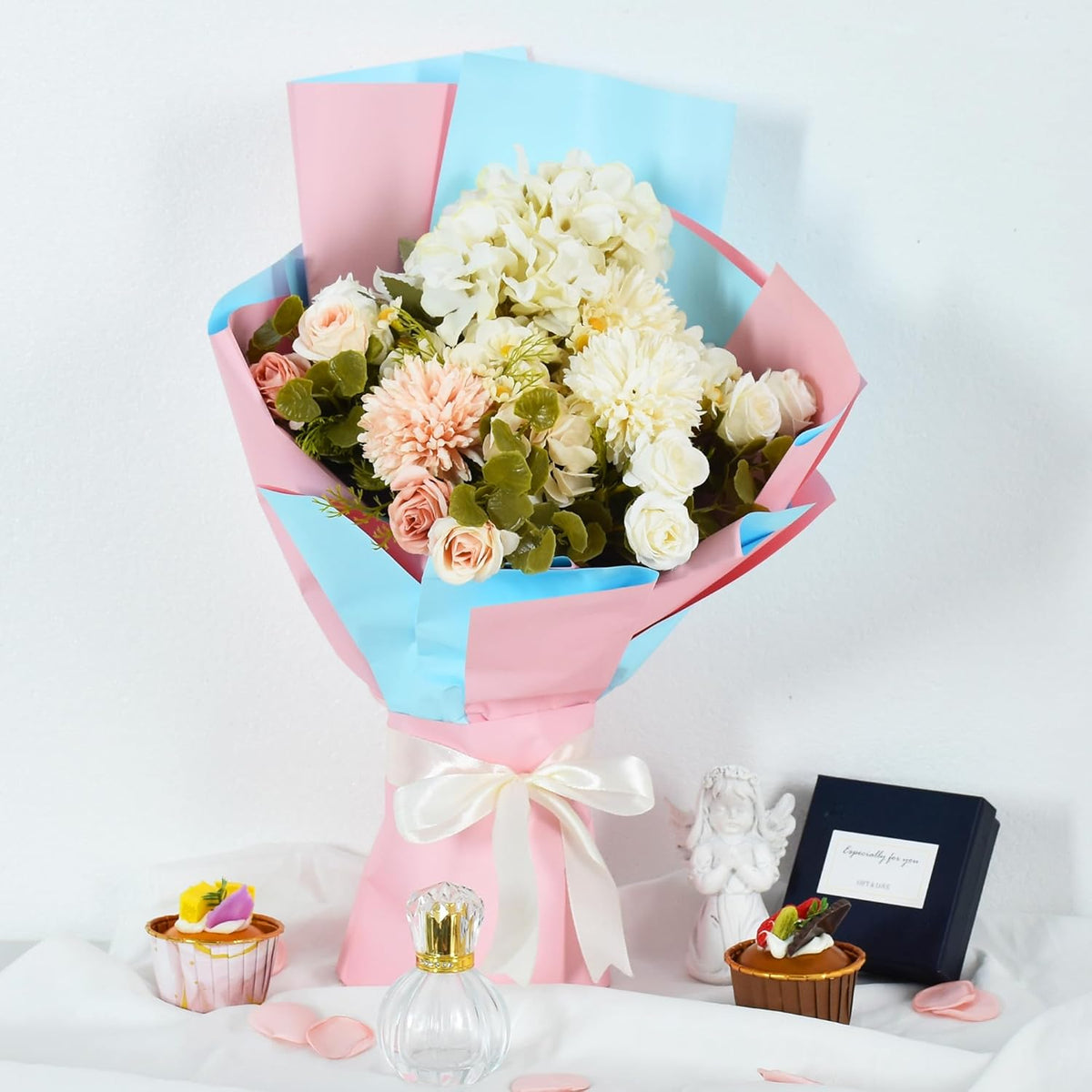 BEISHIDA 20Pcs Baby Blue and Baby Pink Double Sided Floral Wrapping Paper Matte Waterproof Flower