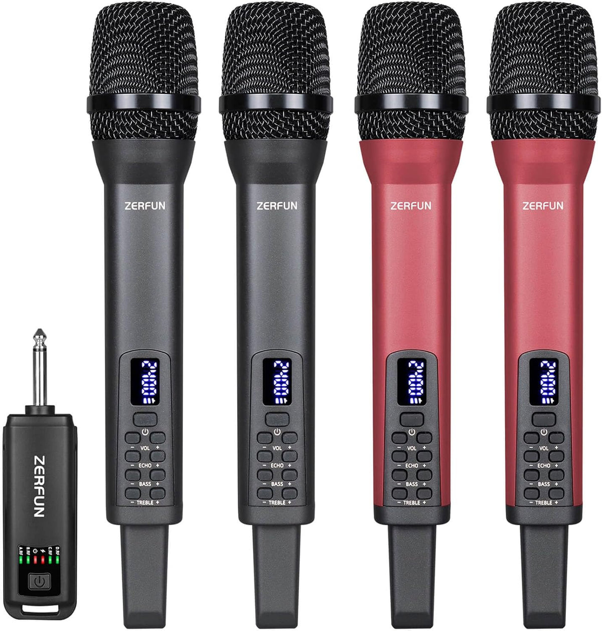 4 Rechargeable Wireless Microphones, Pro Handheld Cordless Mics System with Echo Treble BASS VOL