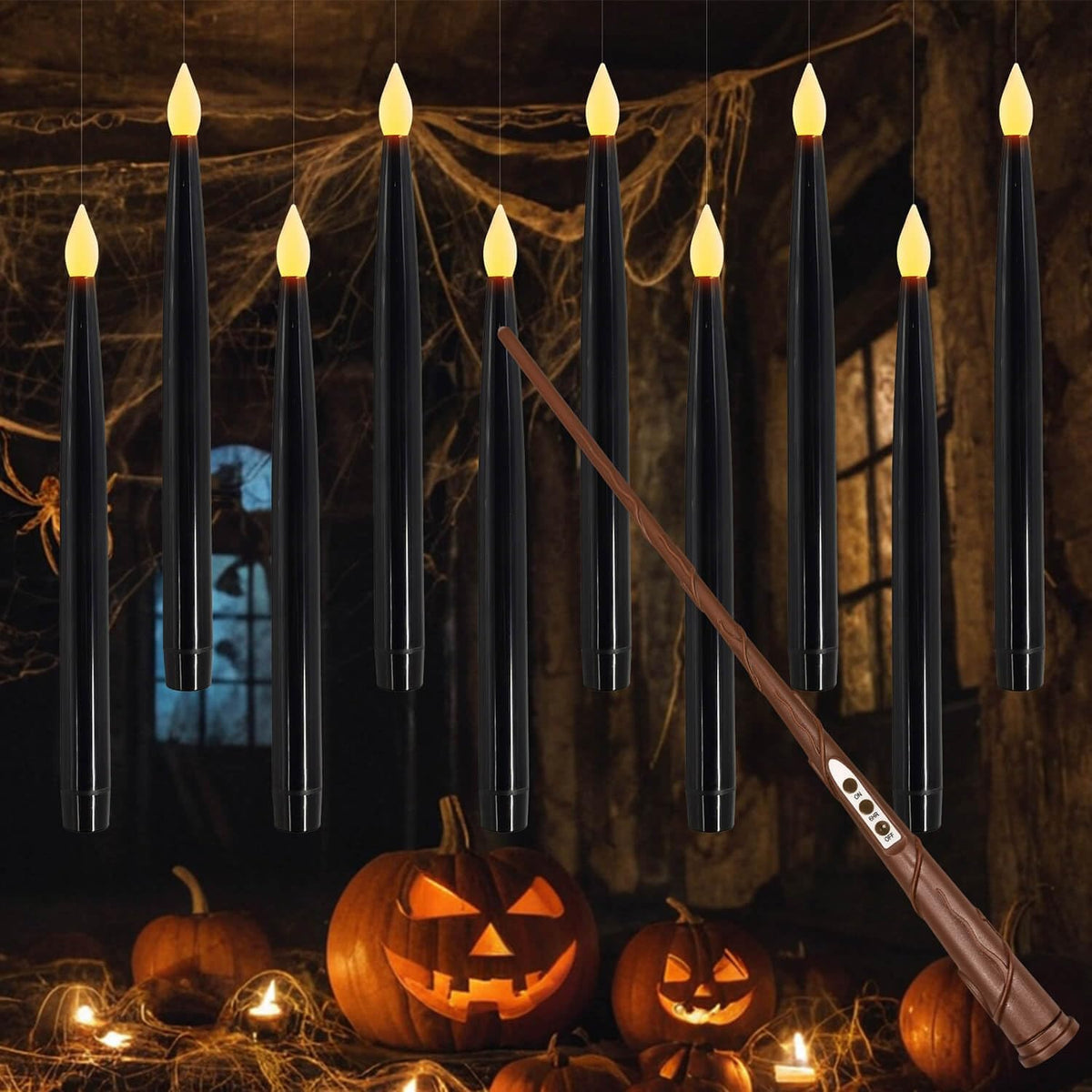 Leejec 10 Pcs of 10.8" Floating Candles, Magic Wand Remote with 6/18H Timer, Halloween Decorations