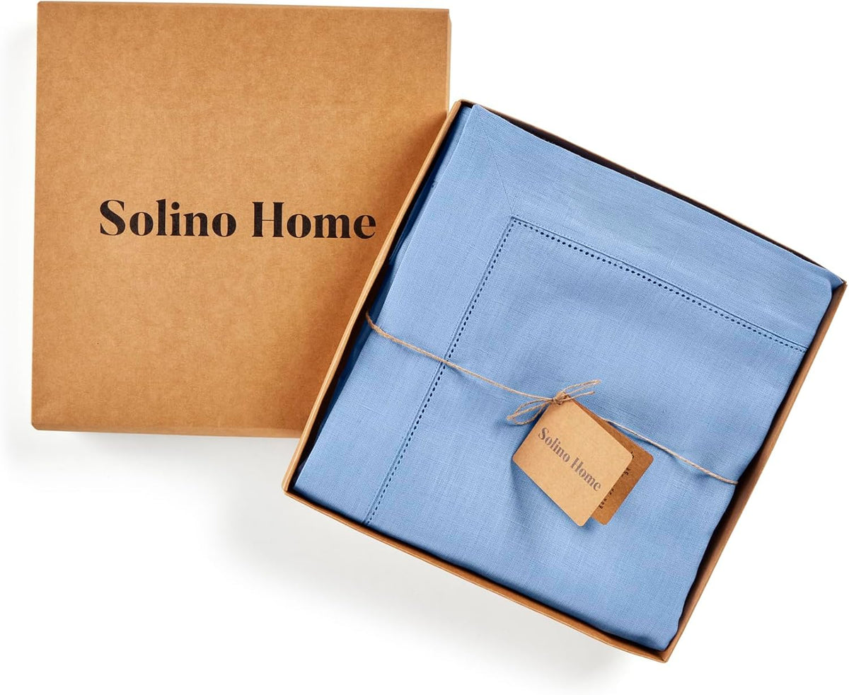 Solino Home Cornflower Blue Linen Tablecloth 60 x 90 Inch - 100% Pure Linen Hemstitch Table Cloth