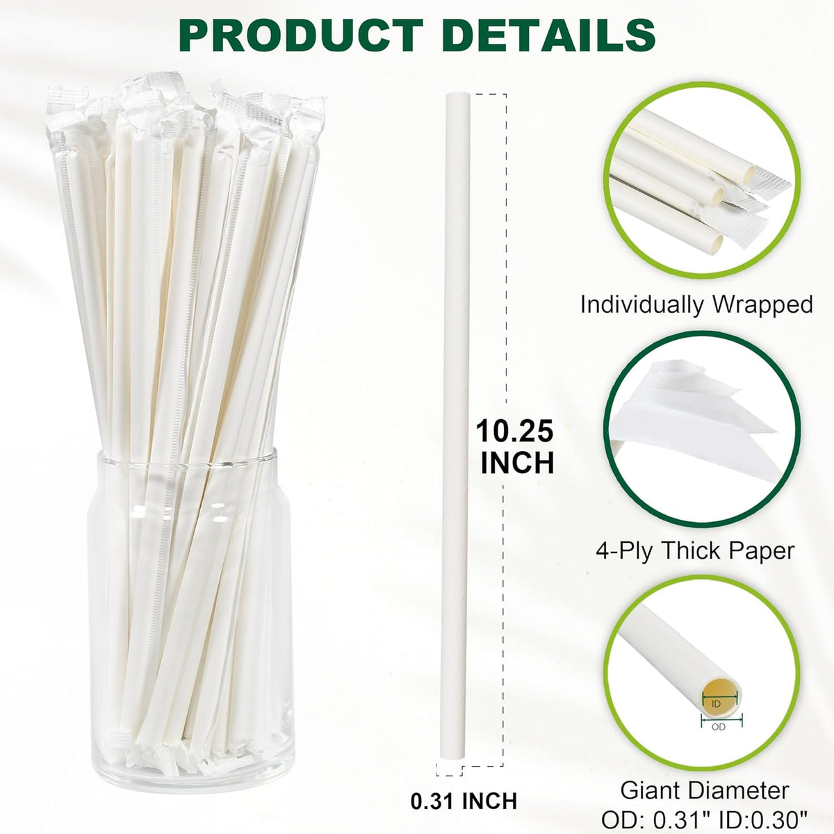 10.25" Disposable Paper Drinking Straws Individually Wrapped, 0.31" Dia. - 4 PLY Thick Heavy Duty