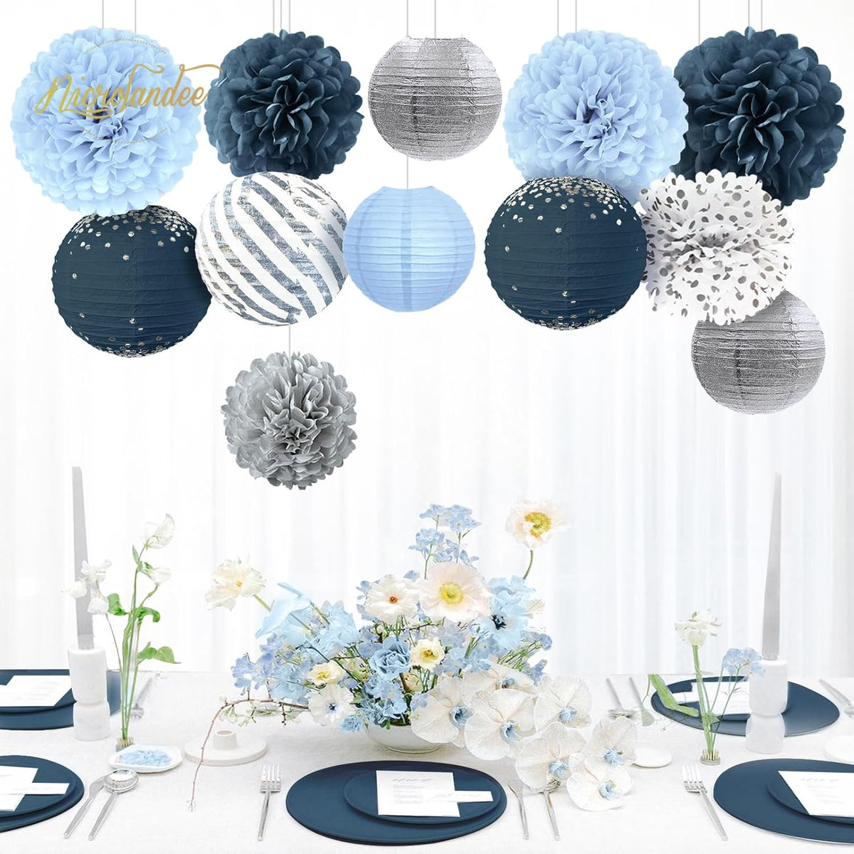 NICROLANDEE Dusty Blue Wedding Decorations, 12 PCS Blue Grey Tissue Pom Poms Paper Lanterns Decor