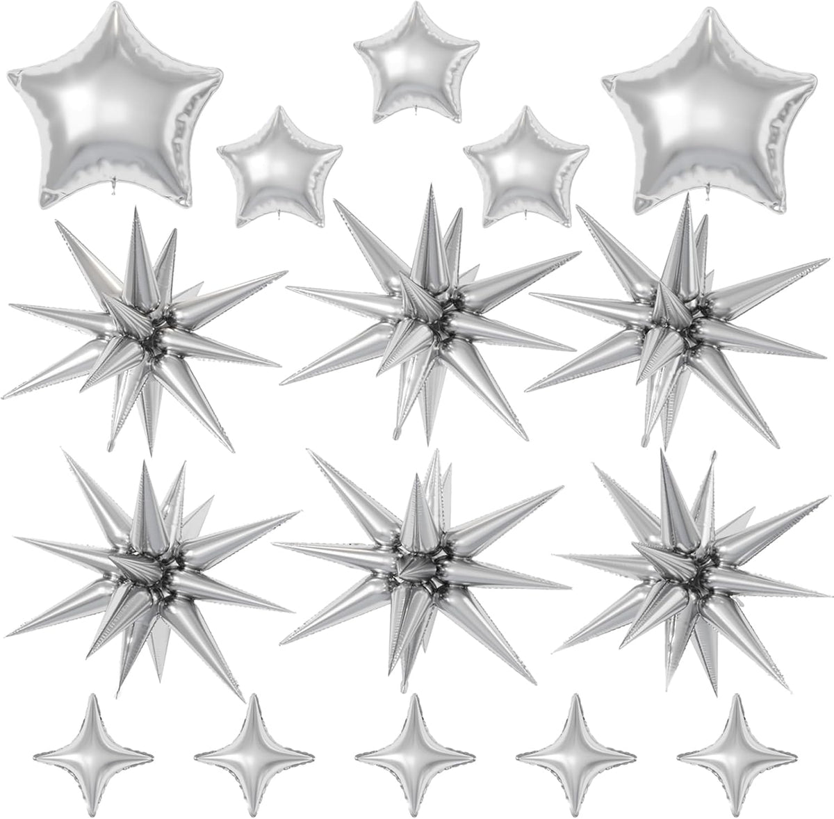 16 Pcs Silver Star Balloons, 22/18/10 Inch Foil Balloons, Four-Pointed Large Balloon for Kids