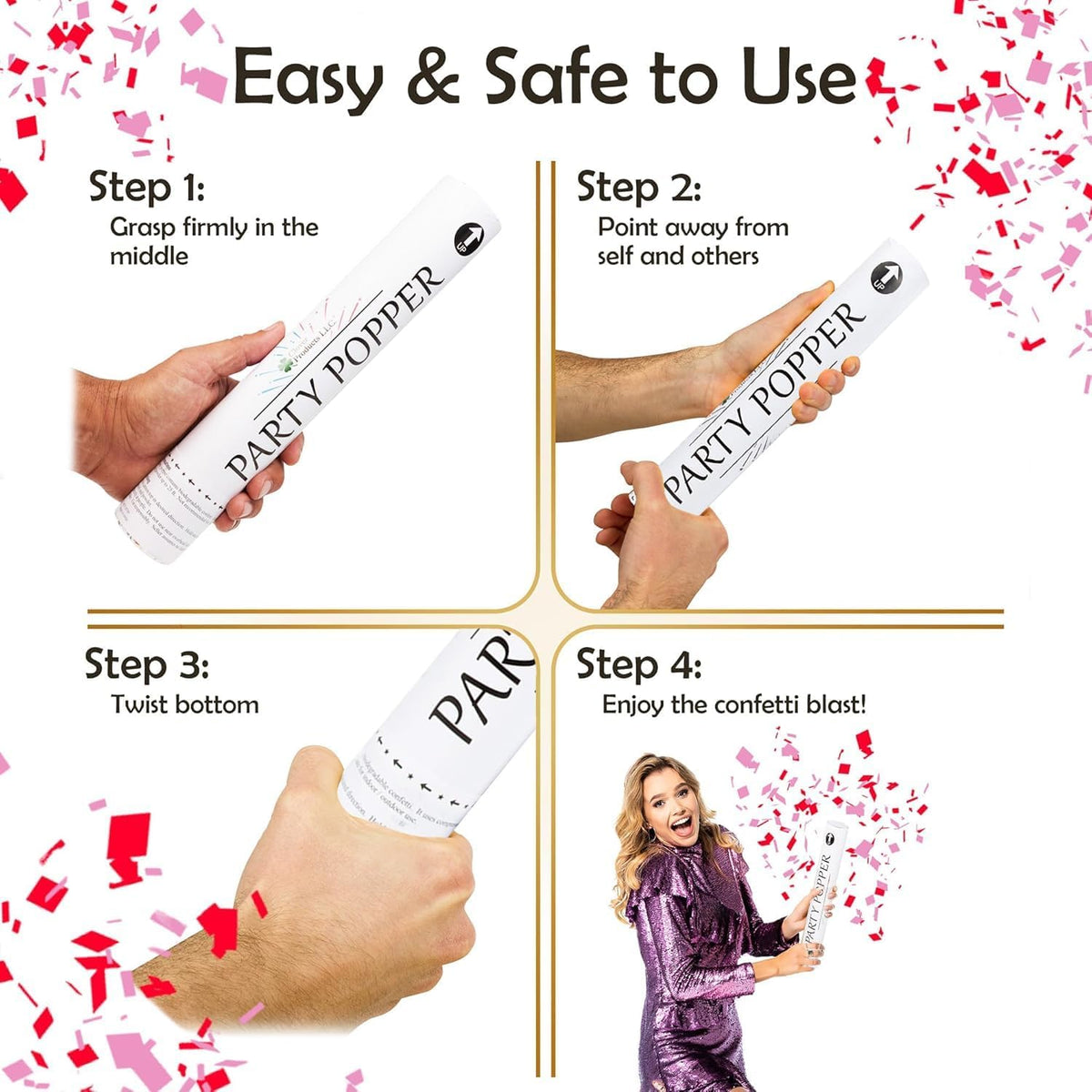 Clover Products 12" Biodegradable Confetti Cannons | 6 Pack | Red & Pink Poppers for Weddings
