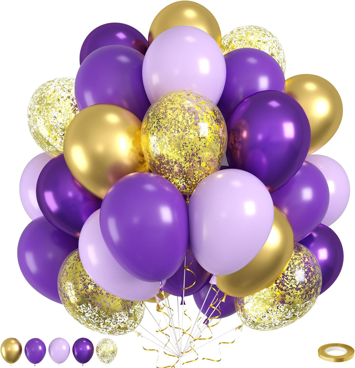 Purple and Gold Balloons, 50pcs Dark Purple Gold Balloons, Macaron Metallic Confetti Balloons For