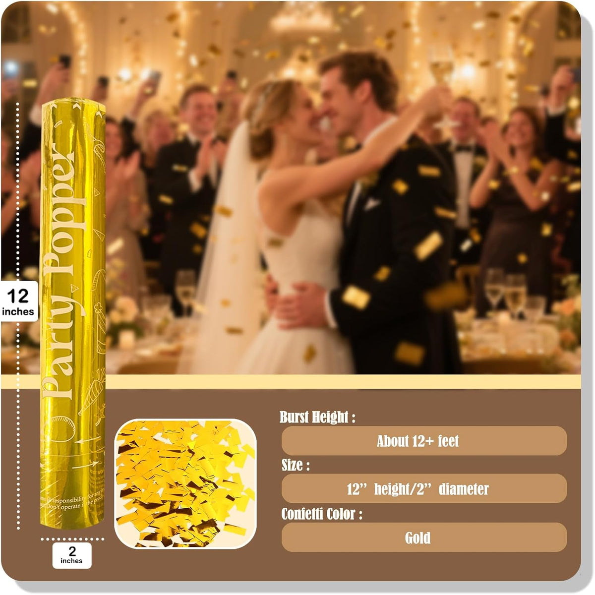 Confetti Cannons Gold | 5-Pack 12-Inch Party Poppers for All Celebrations: Weddings,Christmas