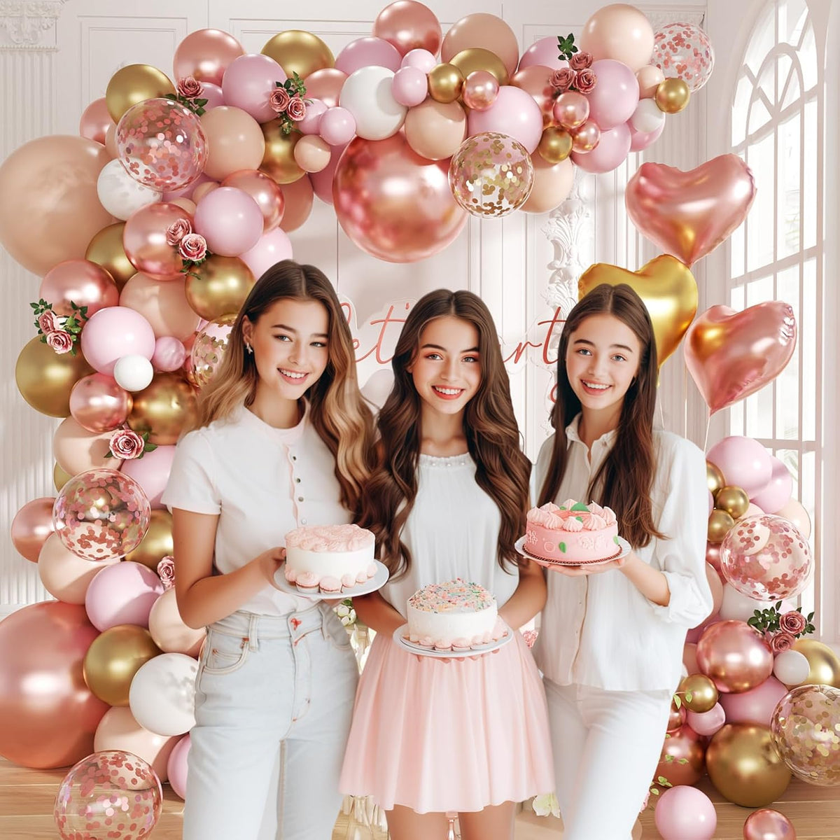 Rose Gold Balloon Garland Arch Kit, 140Pcs Nude Pastel Pink Metallic Gold White Balloons Gold and