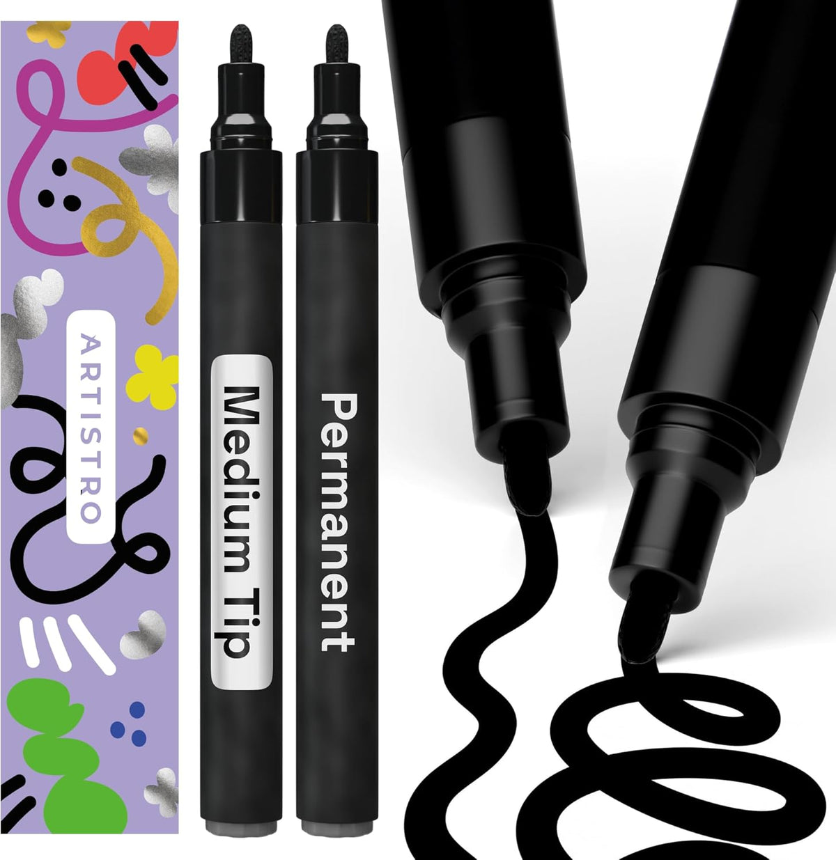 ARTISTRO 2 Black Permanent Marker - Waterproof Markers for Tire, Fabric, Rocks, Glass, Ceramic