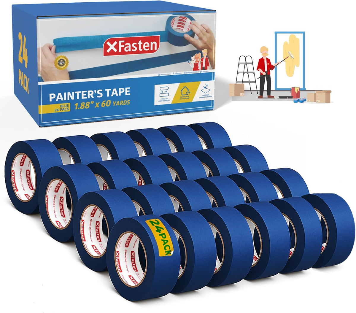 XFasten Blue Painters Tape Bulk, 1.88 Inch x 60 Yards, 1440 Yards Total (24-Pack) Blue Painters