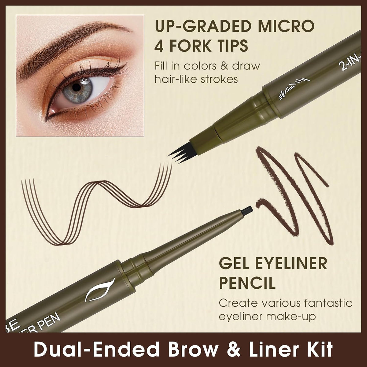 UCANBE Eyebrow Pen, Dual-Ended Eyebrow Pencil with 4-Fork-Tip & Gel Eyeliner for Women, Eye Brow