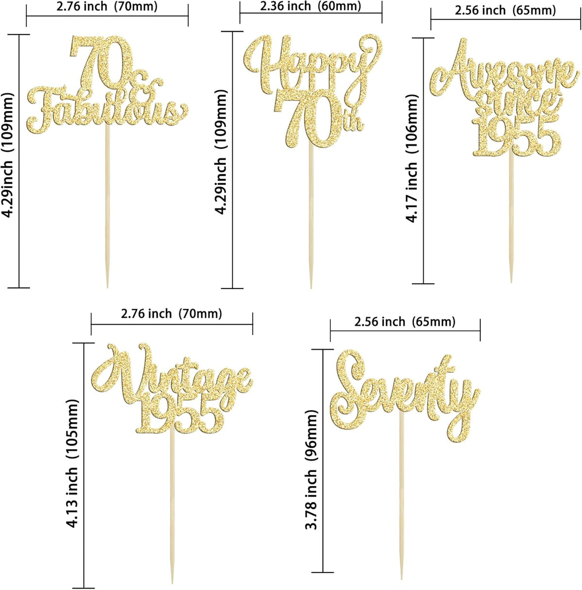 30Pcs Vintage 1955 Cupcake Toppers Glitter Seventy Happy 70th Birthday 70 Fabulous Cupcake Picks