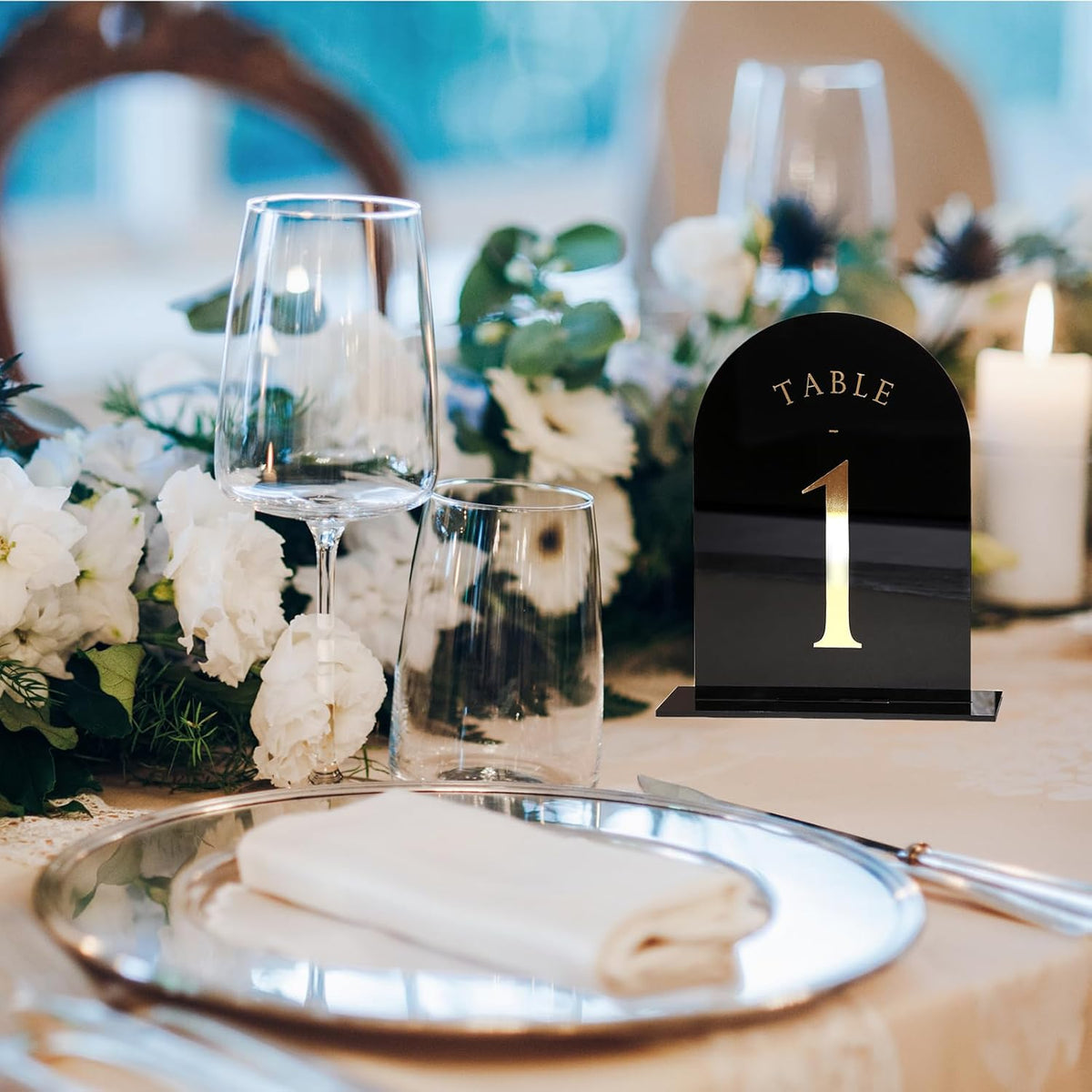 UNIQOOO Black Arch Wedding Table Numbers with Stands 1-20, Gold Foil Printed 5x7 Double Sided
