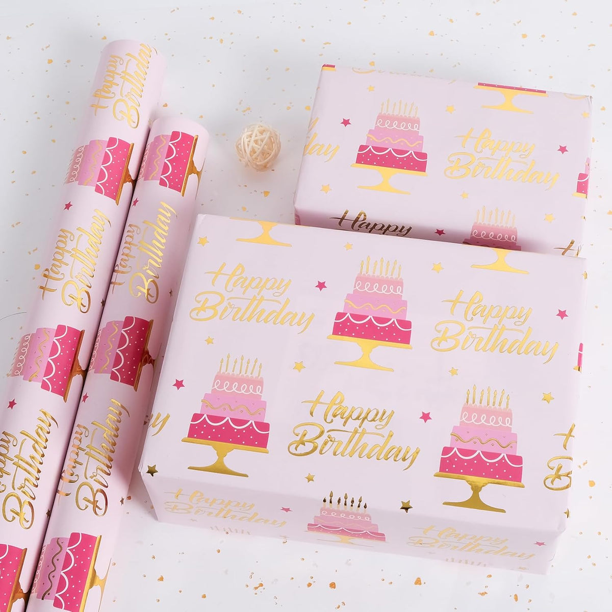 Aimyoo Pink Birthday Wrapping Paper Roll - 17 Inch X 32.8 Feet - Gold Foil Celebration Cake, Happy