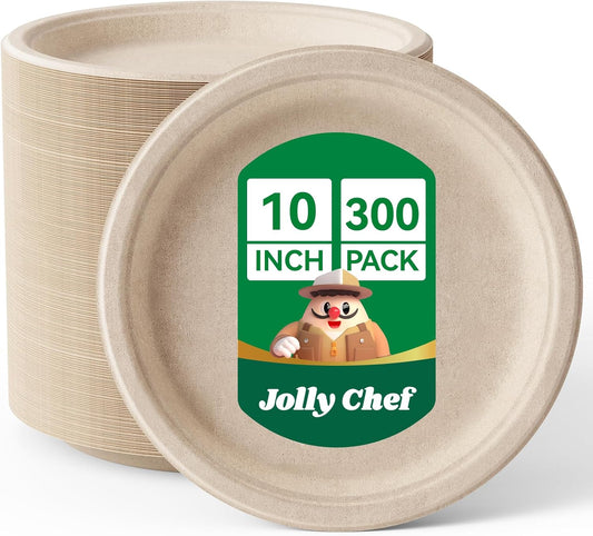 JOLLY CHEF Compostable Heavy Duty Plates 𝟭𝟬 𝗜𝗻𝗰𝗵 [𝟯𝟬𝟬 𝗣𝗮𝗰𝗸] Eco-Friendly Disposable