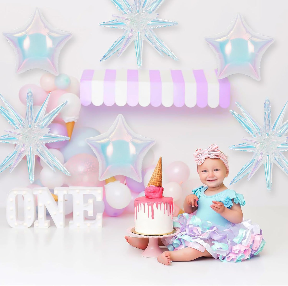 6Pcs Iridescent Foil Balloons, 22" 18" Star Iridescent Balloons Large Holographic Spike Cone Clear