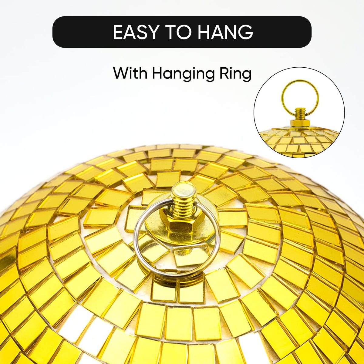 Mirror Disco Ball Decor with Hanging Ring: 8 Inch Large Gold Disco Ball Ornaments - Hanging Party
