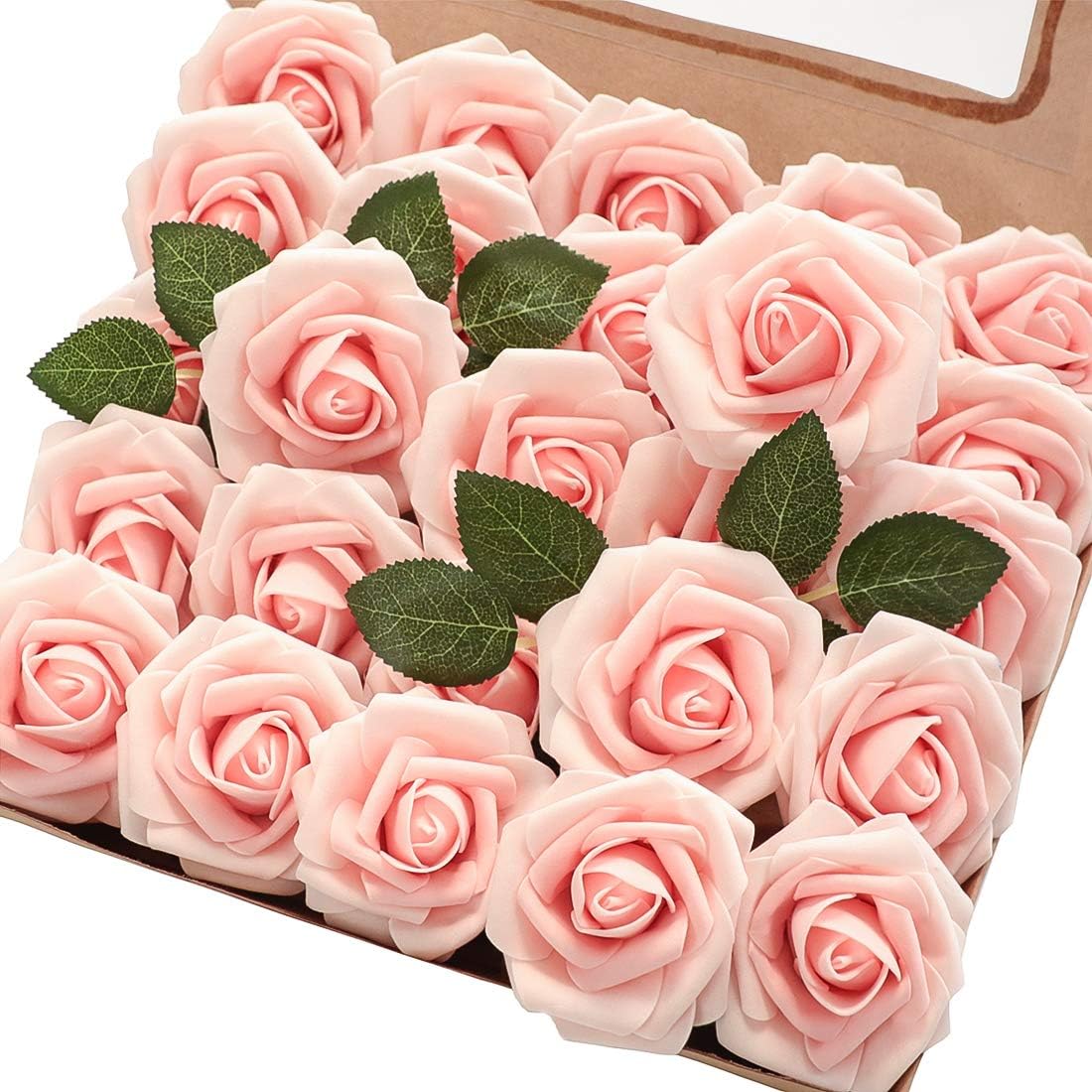 Floroom Artificial Flowers 25pcs Real Looking Blush Heirloom Foam Fake Roses with Stems for DIY