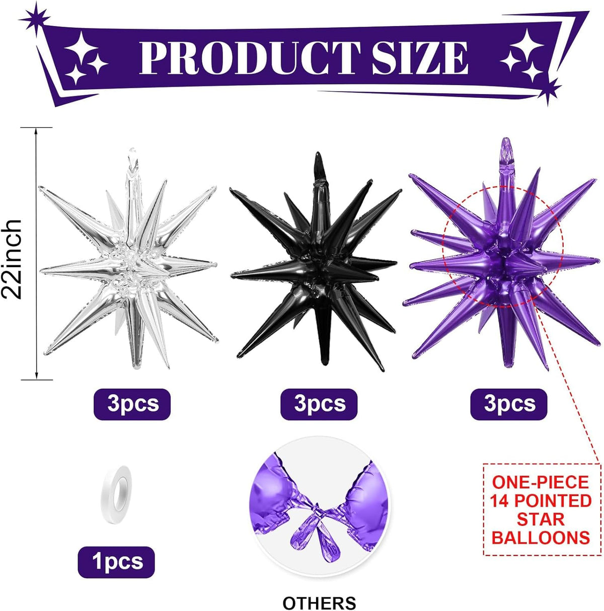 Black Purple Silver Star Balloons,9Pcs 22Inch Black Silver Purple Explosion Spike Cone Helium