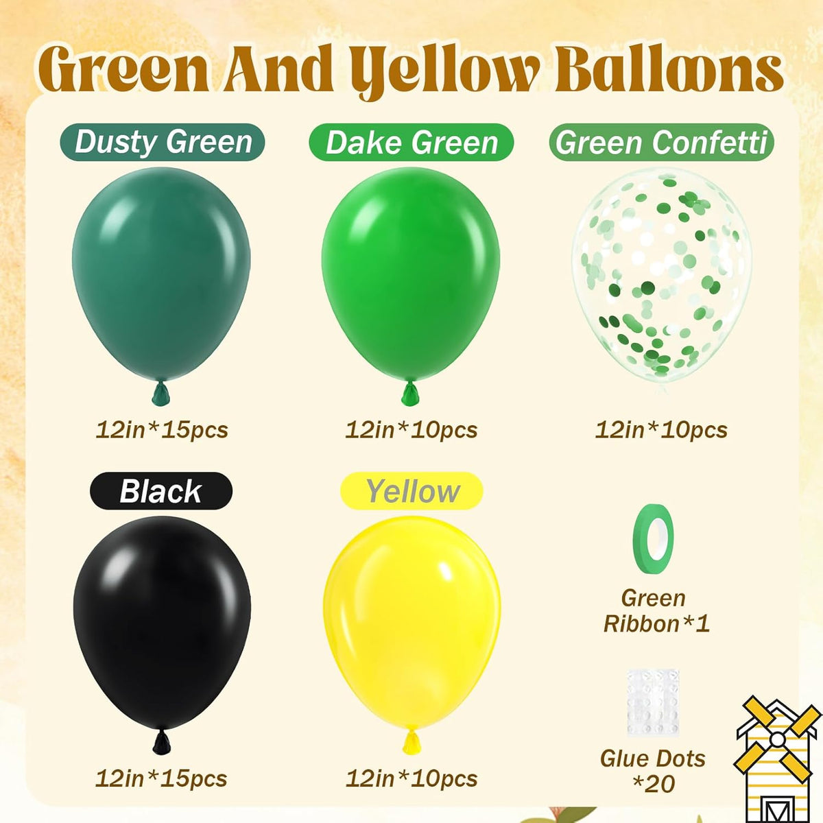 60pcs Tractor Balloons 12inch with Black Green and Yellow Balloons for Baby Shower Farm Tractor