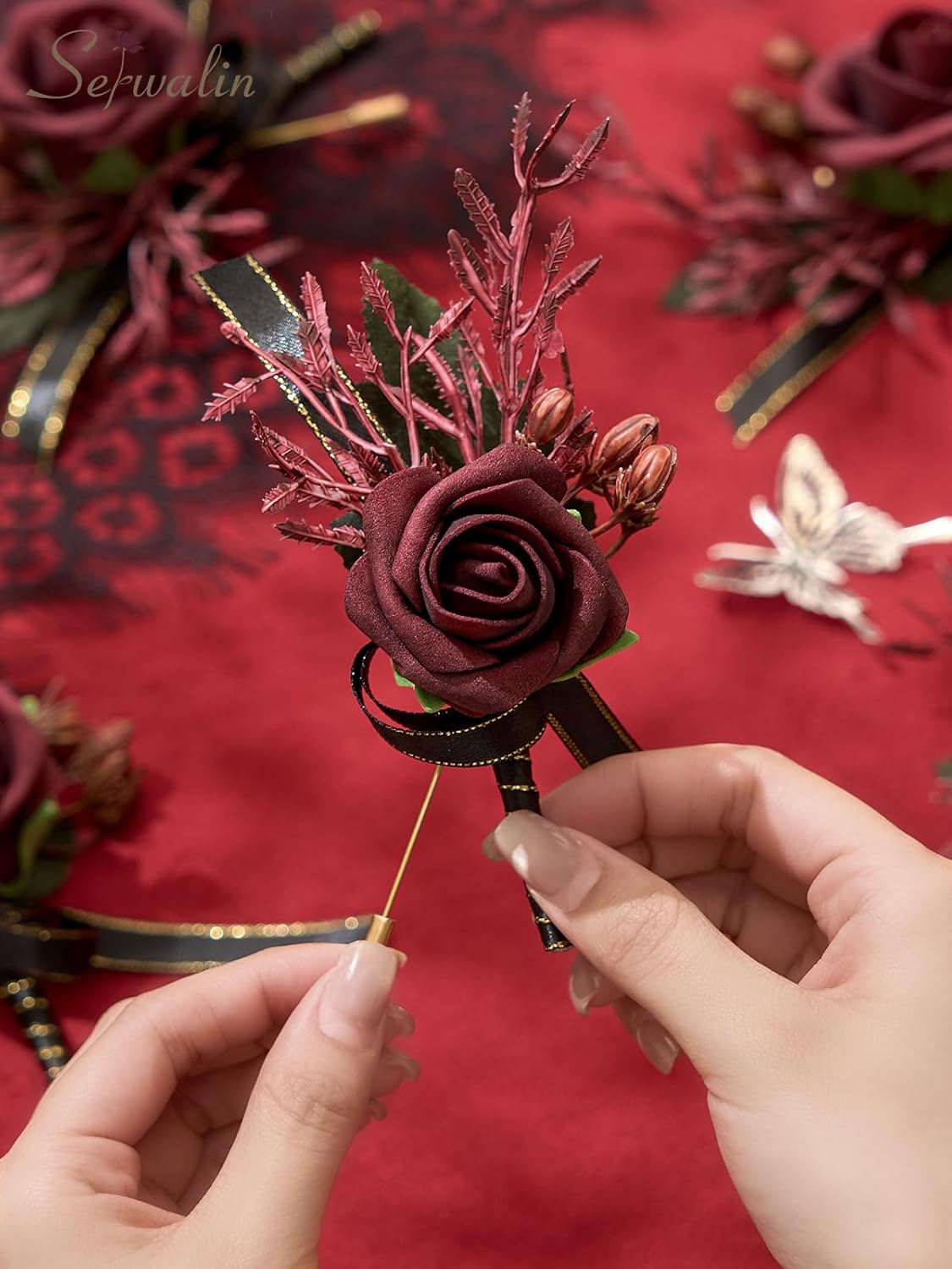 Serwalin 10Pcs Boutonniere for Men, Burgundy Groom and Best Man Boutonniere, Artificial Flowers for
