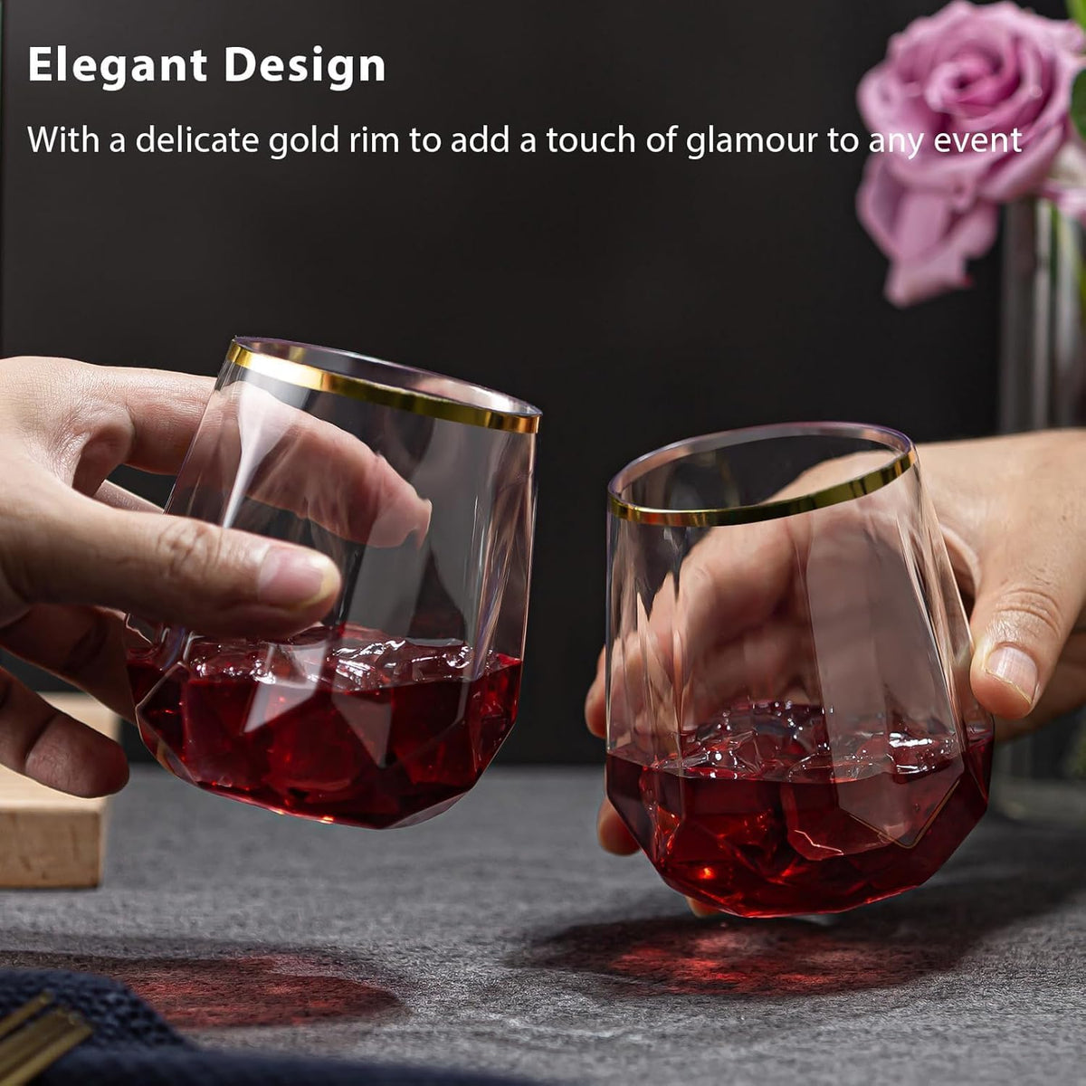 40 count Diamond Unbreakable Stemless Plastic Wine Champagne Whiskey Glasses Elegant Durable