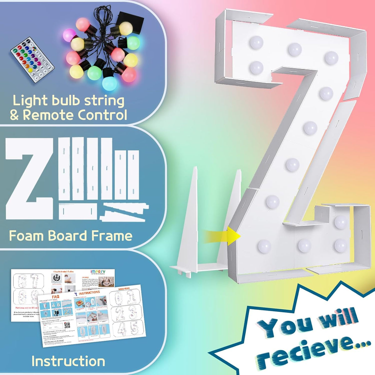 4FT Colorful Marquee Light Up Letters Z, 18 Colors Light Up Alphabet Signs with Remote, Marry Me