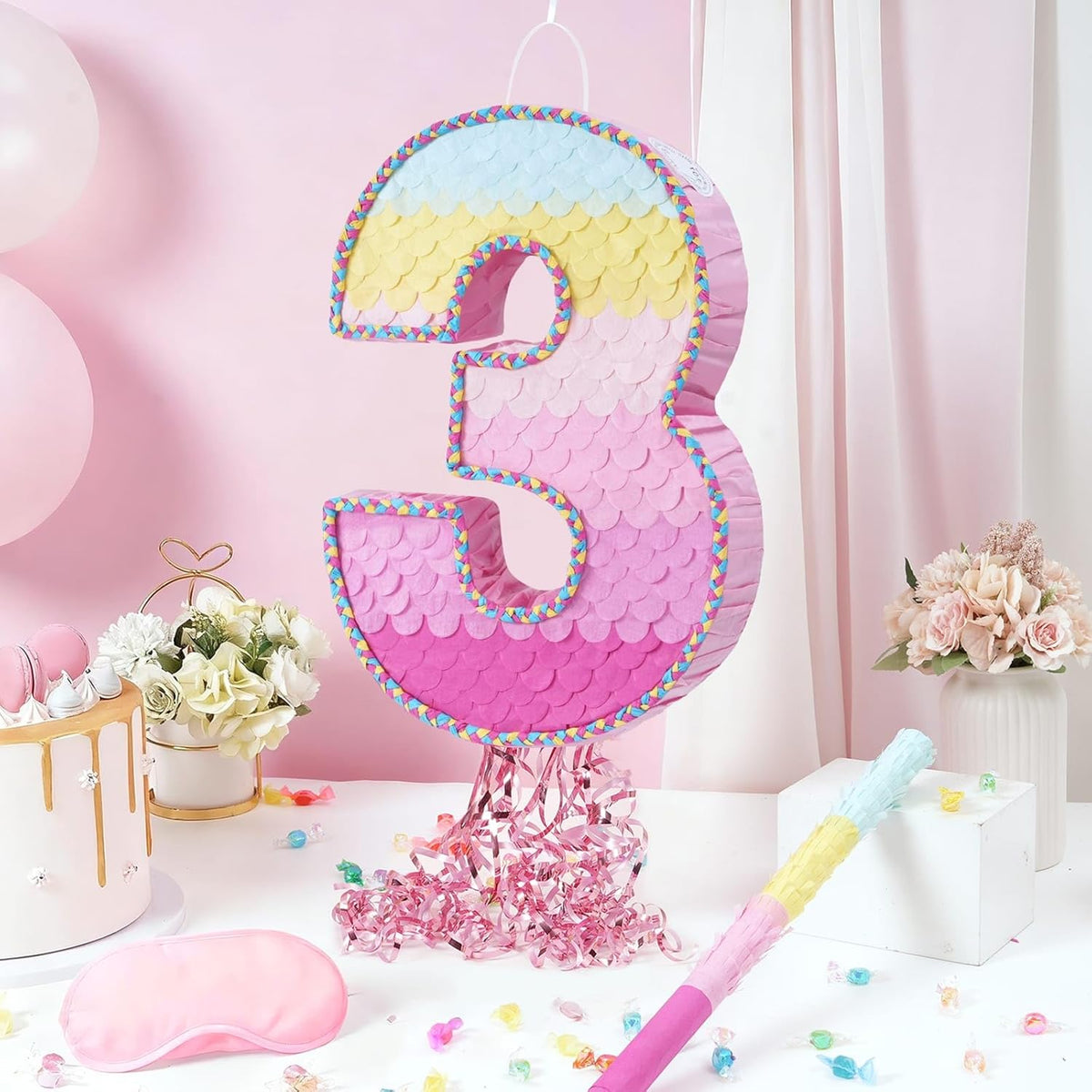 WERNNSAI Pink Sweet Three Pinata - Number 3 Pinata Happy Birthday Decoration Pink Rainbow Design