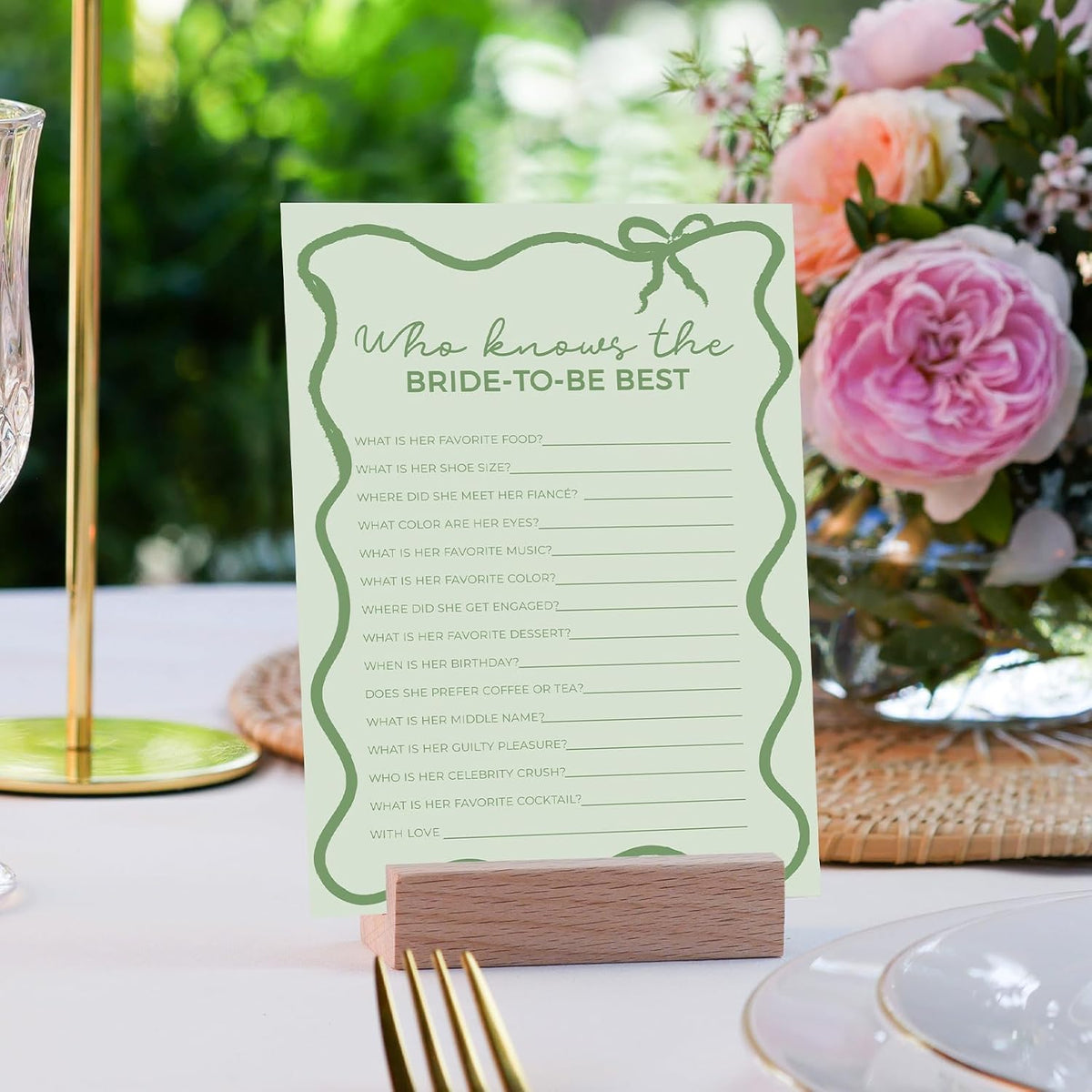 DEEKA 30 PCS Bridal Shower Games Card for 30 Guests Sage Green Wavy Border Ribbon Bow Funny Wedding
