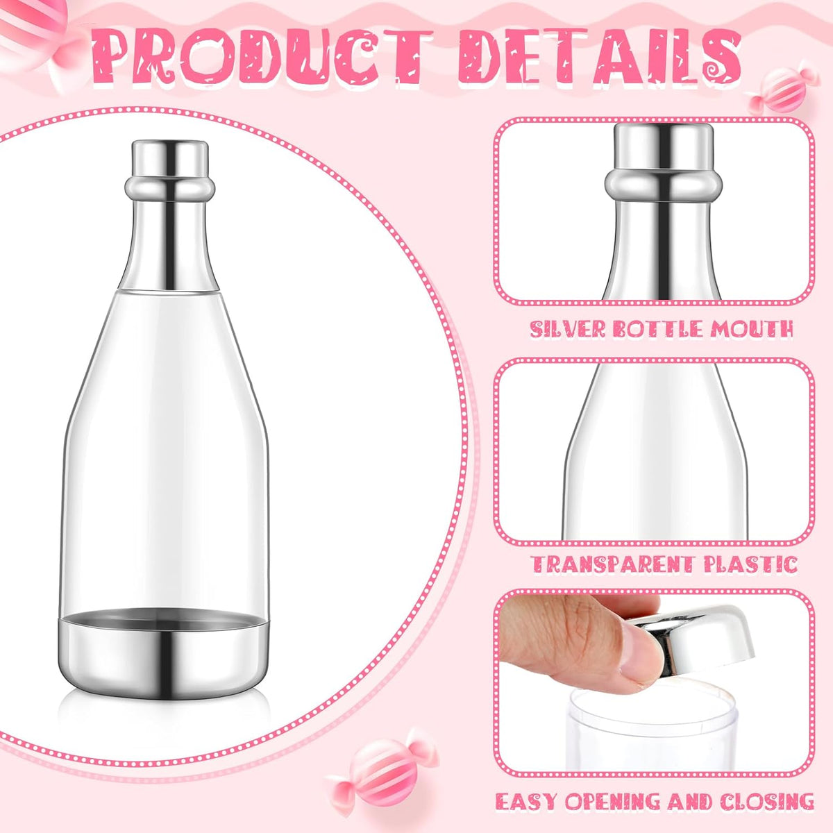 Gerrii 100 Pcs Silver Champagne Bottle Container Set, Mini Champagne Candy Bottles Plastic DIY