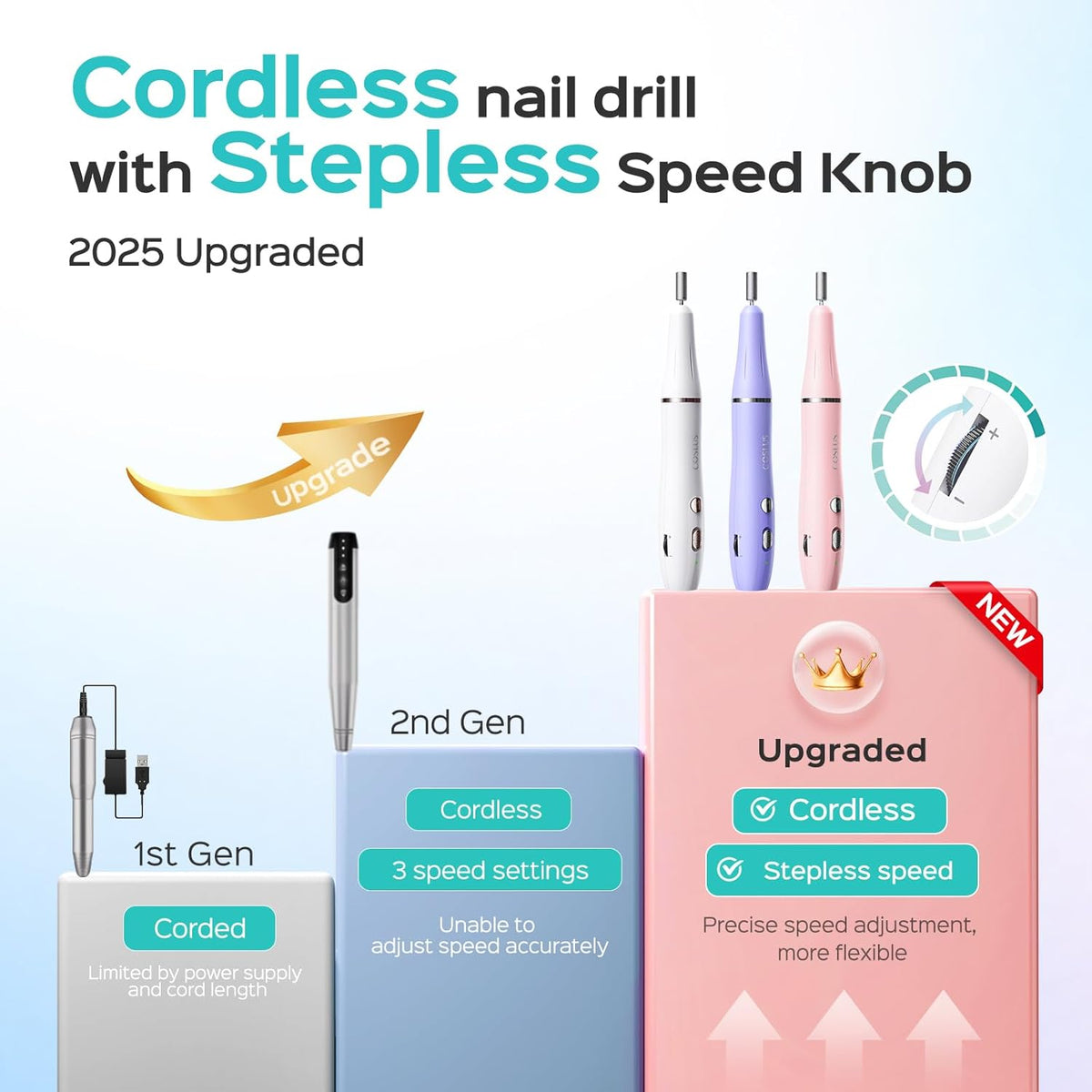 COSLUS Cordless Electric Nail Drill File: Nail Drill Machine with Stepless Speed Knob for Acrylic