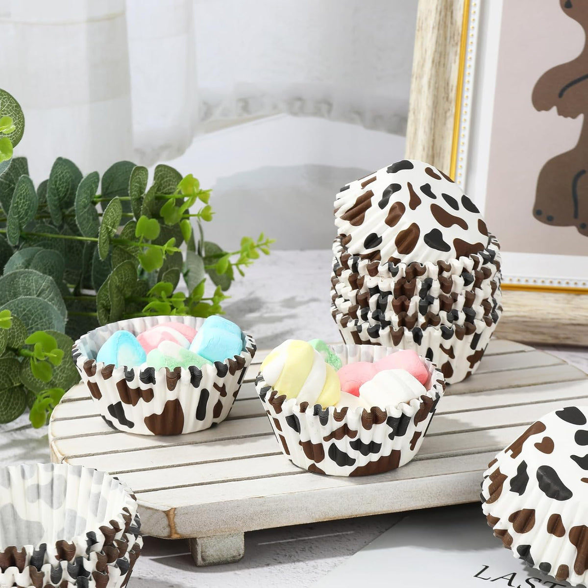 Whaline 300Pcs Cow Print Paper Baking Cups Black Brown Cupcake Liners Highland Cow Spot Muffin