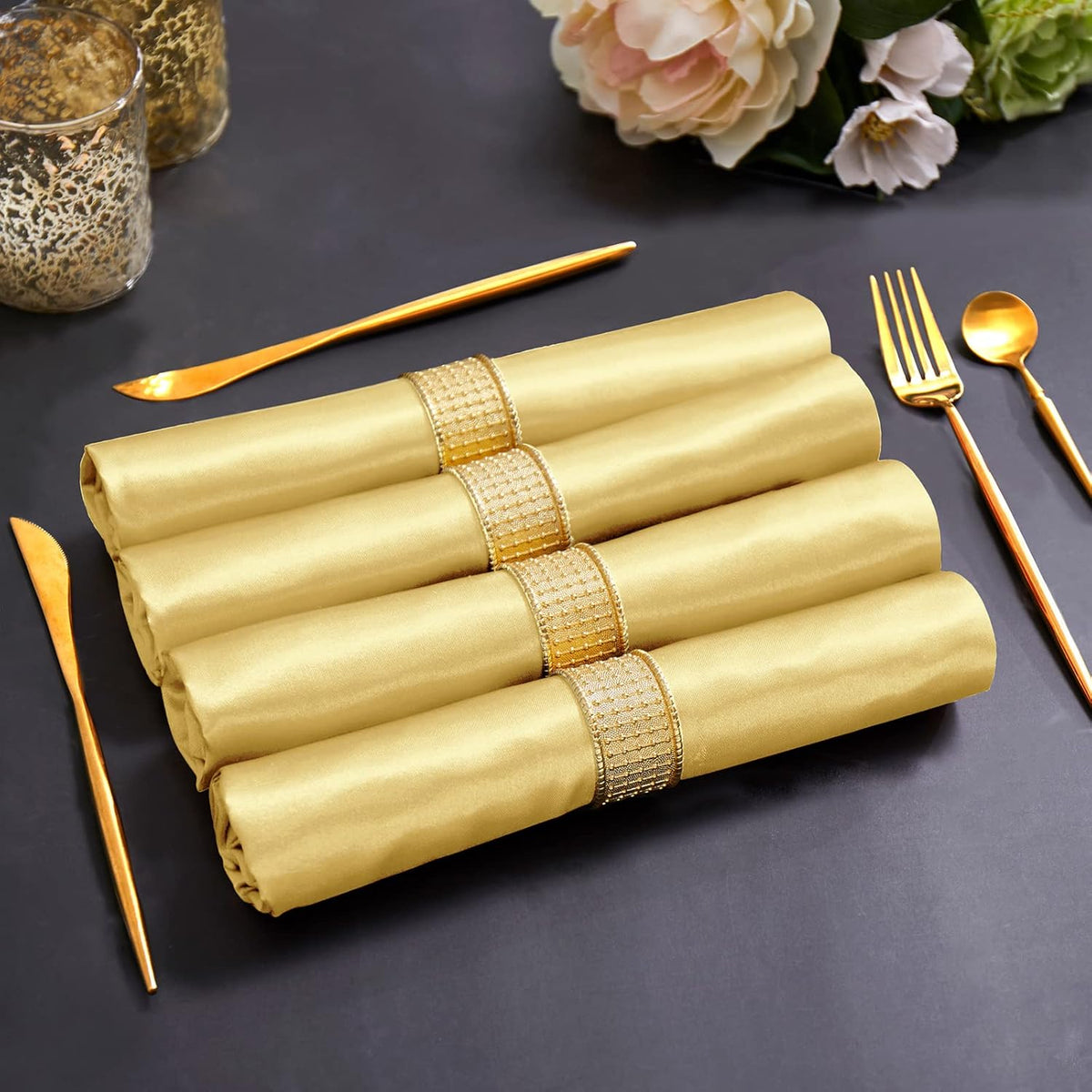 Horbaunal 16 Pack Gold Satin Napkins 20 x 20 Inch, Square Soft Table Dinner Napkins, Silky Cloth