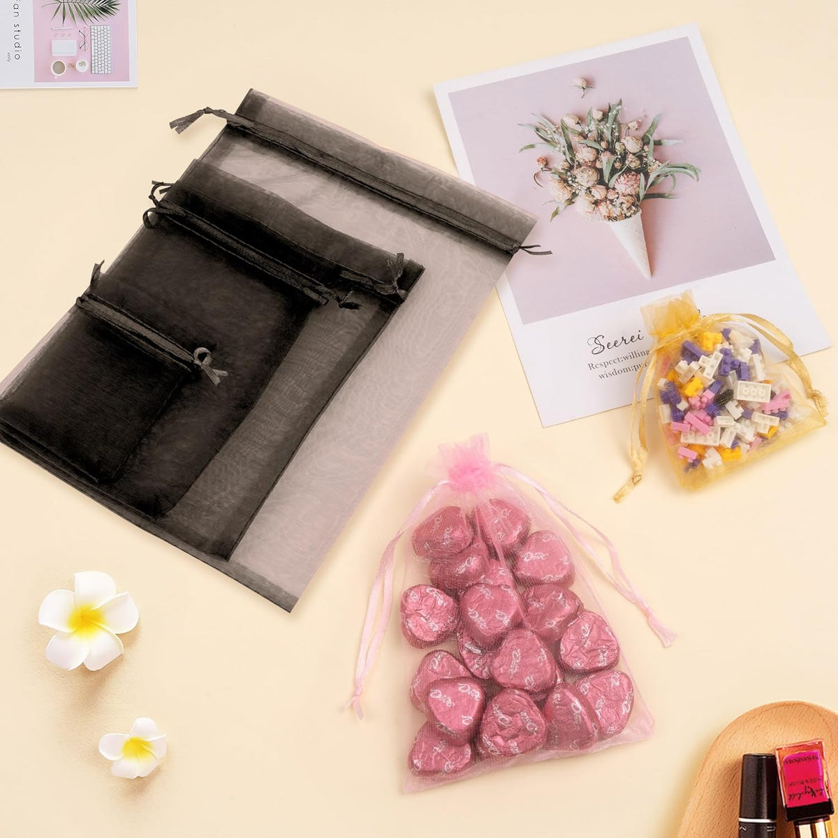 50 Pcs Organza Bags 6x9 Inch, Mesh Gift Bags Mesh Bag Drawstring Pouch Bag for Jewelry Candy Party