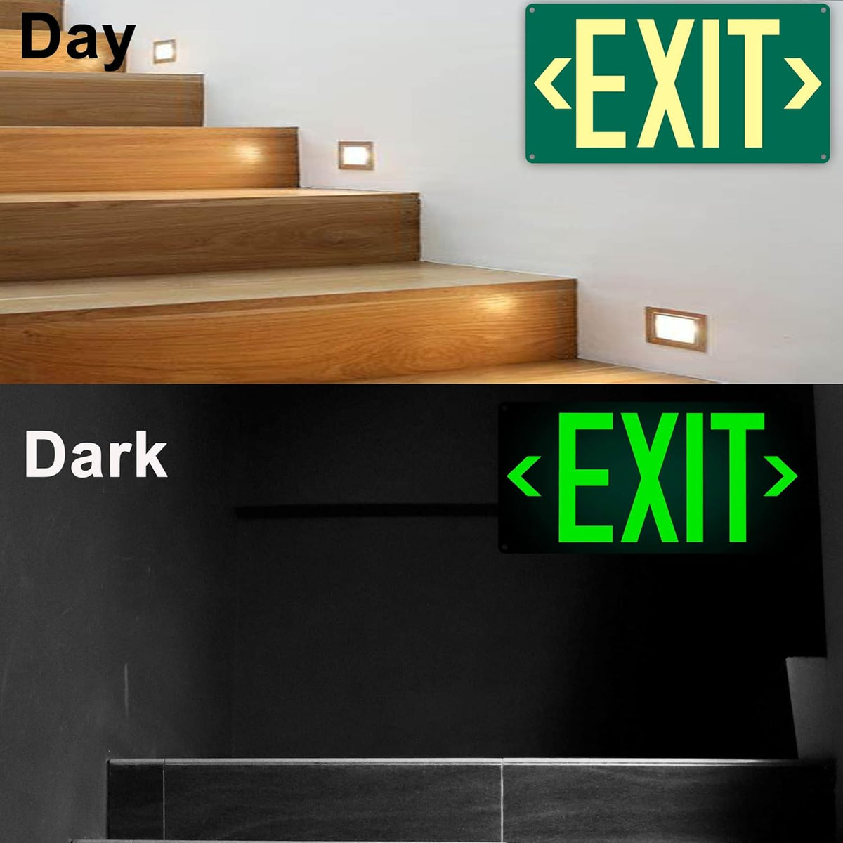 2Pack Photoluminescent Exit Sign Green - 14.25"x 7.5" Aluminum Glow In The Dark- Adhesive Backing