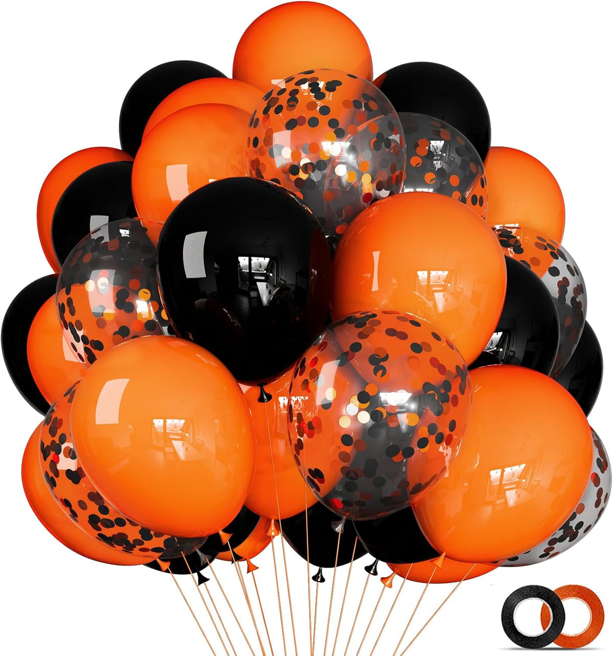 68Pcs Black and Orange Balloons, 12 inch Orange Black Latex Balloon Set with Confetti Ribbons