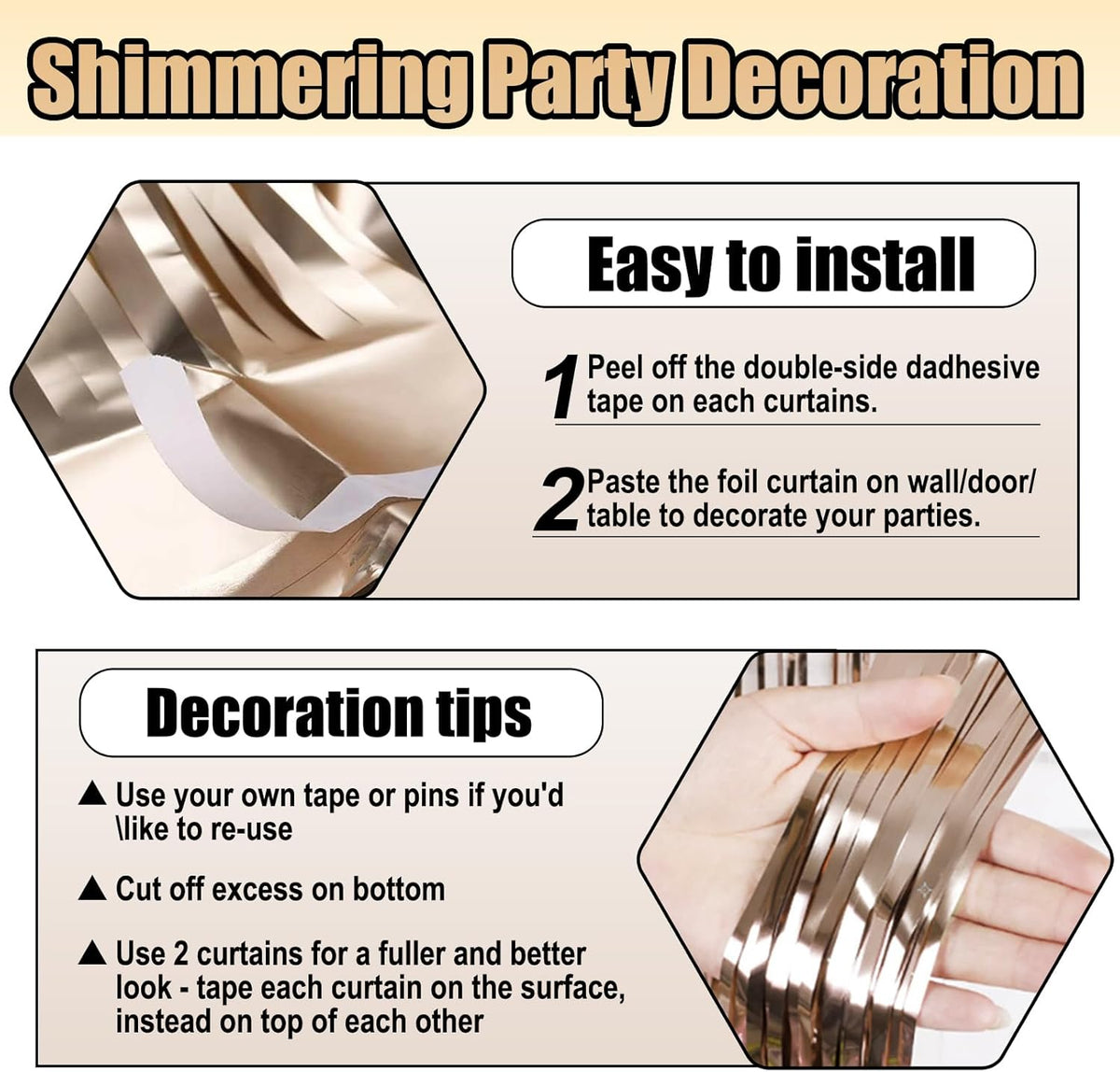 3 Pack Champagne Gold Foil Fringe Curtain Backdrop, 3.28Ft x 8.2Ft Metallic Tinsel Foil Fringe