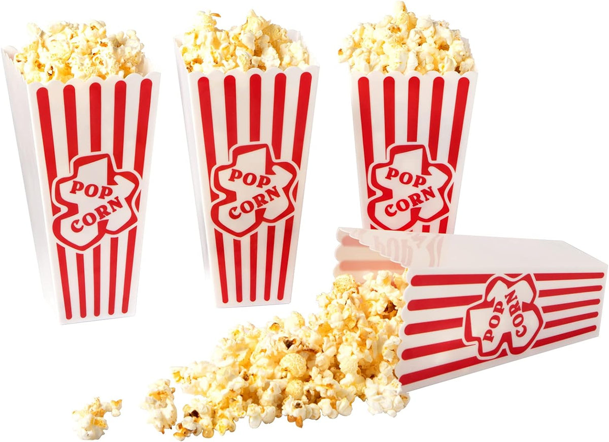 Plastic Popcorn Containers Red & White Striped Retro Style Reusable Popcorn Boxes for Movie Night