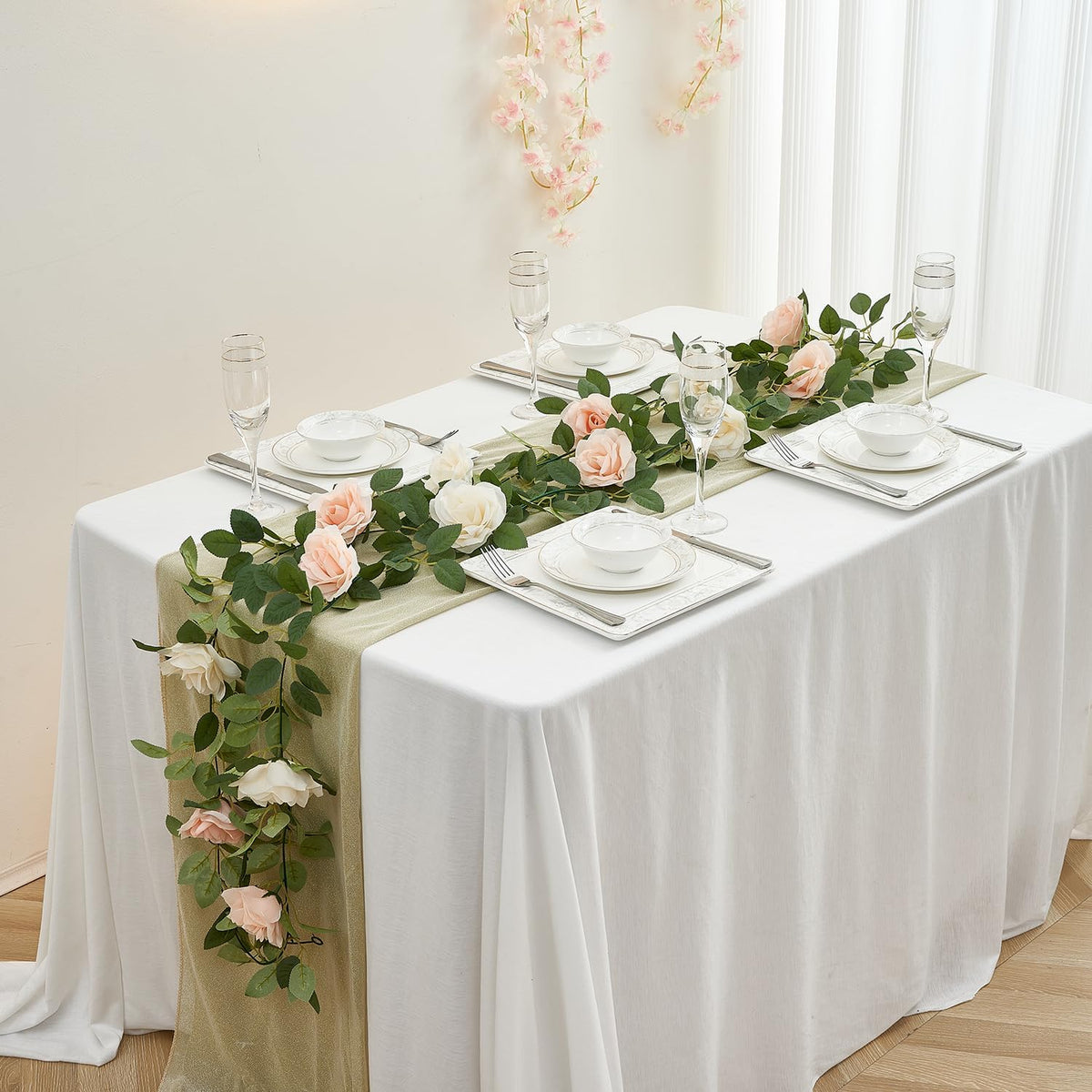 Artificial Rose Garlands Rose Vines Leaves Banners Hanging Floral Garland Fake Rose Flower Vine