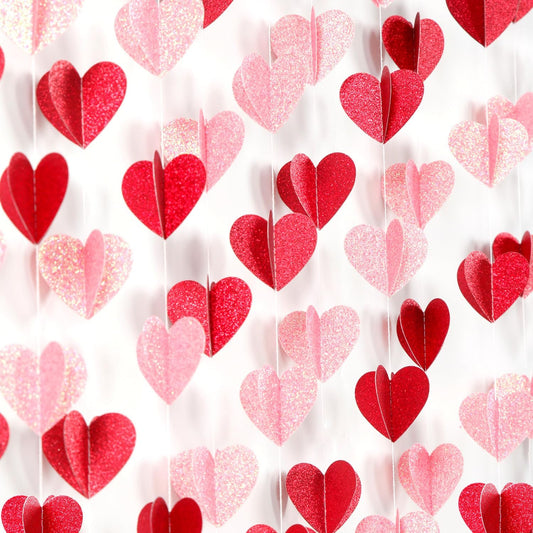 Red Pink Party-Decorations 3D-Heart Garland - 40ft Galentines Streamers Paper Banner, Proposal
