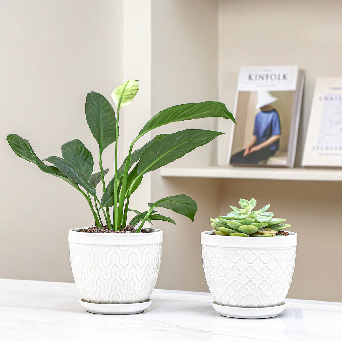 Sureasy Ceramic Indoor Plant Pots - 5.6 Inch Flower Pots for Plants with Drainage Hole and Saucer