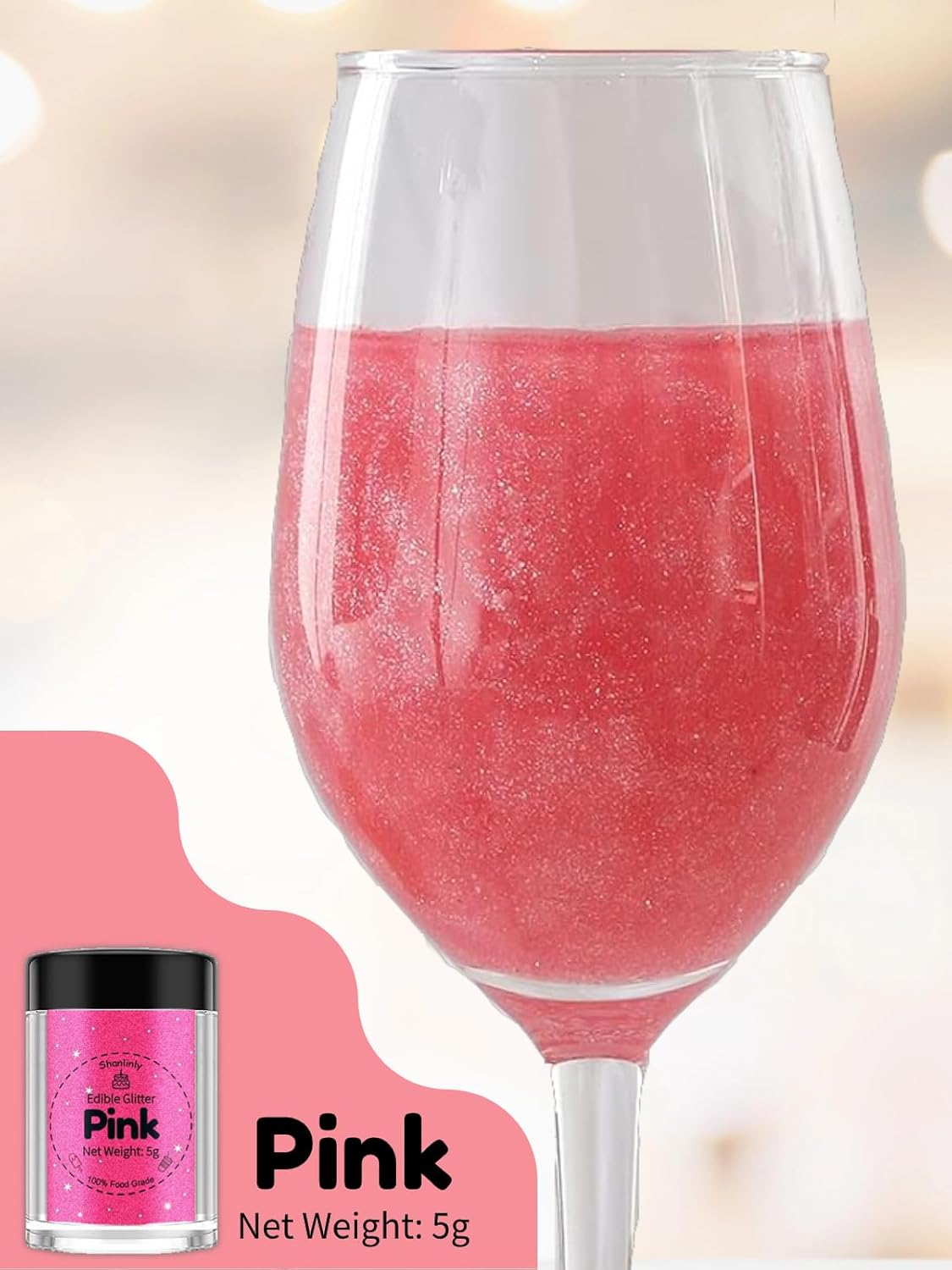 Shanlinly Pink Edible Glitter for Cakes Drinks - Food Grade 5g Shimmer Luster Glitter Dust Edible