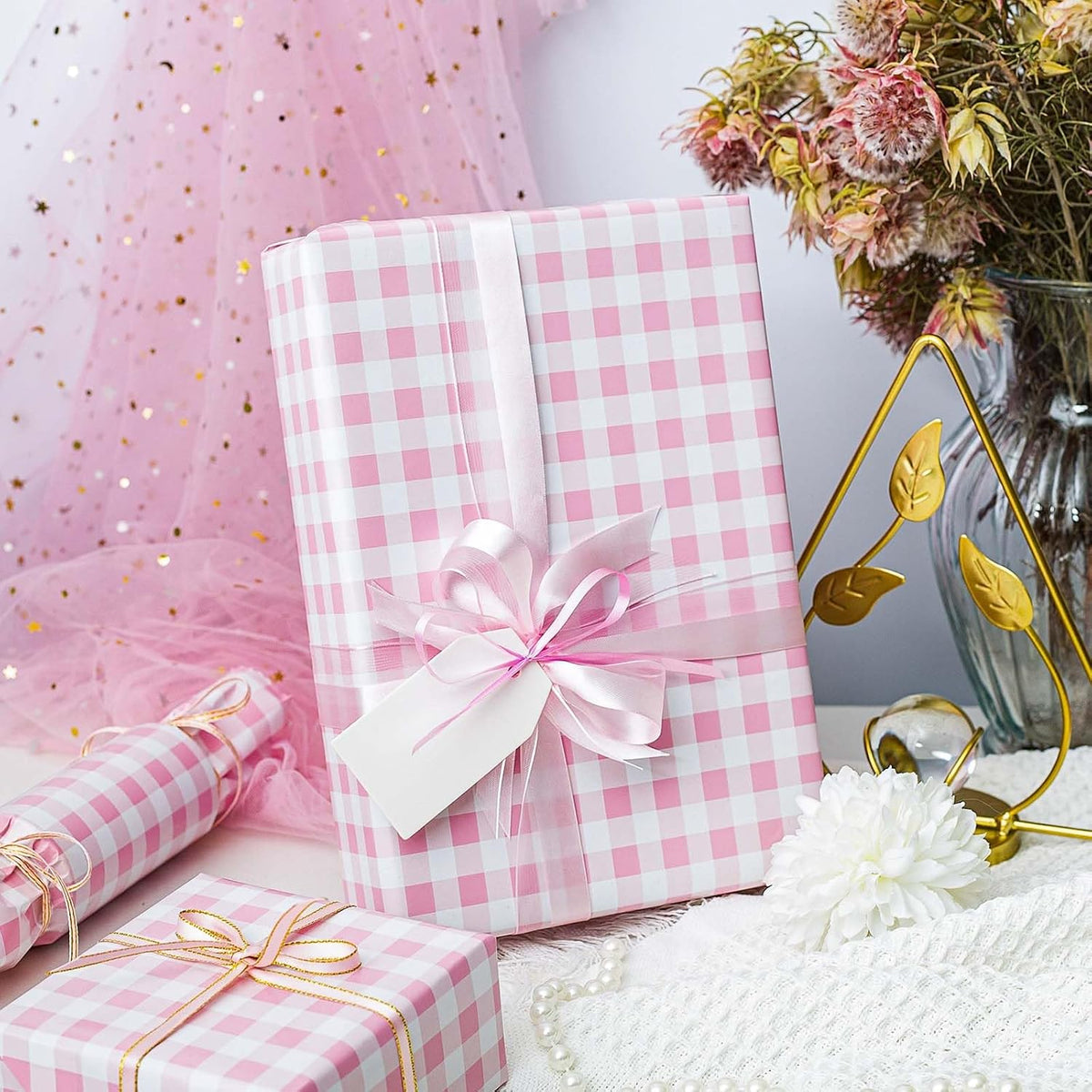 Burymento Pink Checkerboard Wrapping Paper, Gift Wrap for Birthday, Valentines, Mothers day