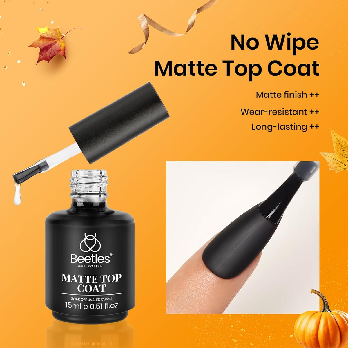 Beetles Matte Gel Top Coat for Gel Nail Polish,15ML Chrome Proof Matte Top Coat No Wipe