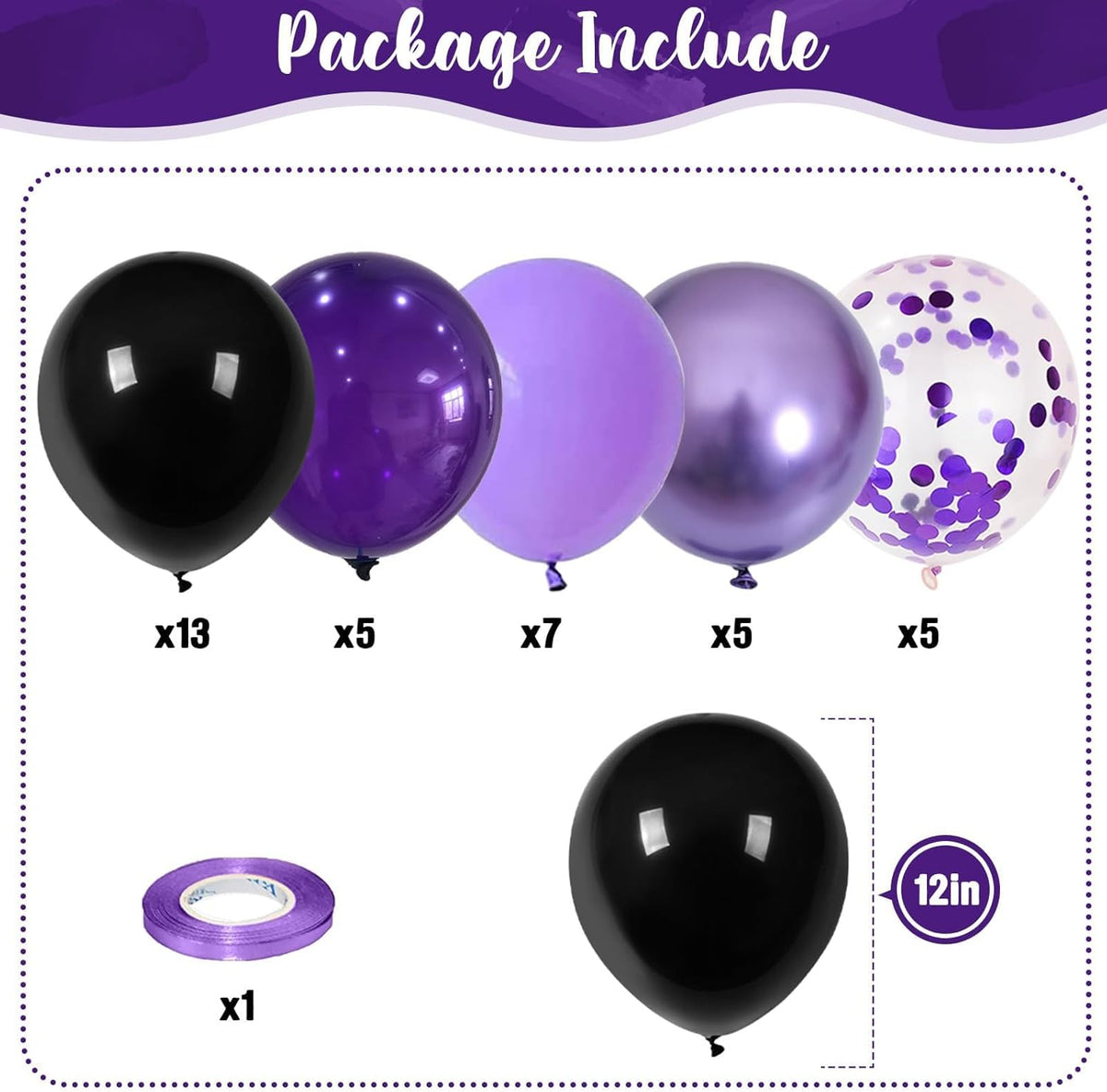 Purple Black Balloons, 12 Inch Dark Purple Light Balloons with Metallic Purple Confetti Latex